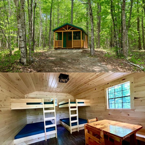 interior and exterior picture of camping cabins 